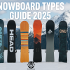 Διάφοροι τύποι σανίδων snowboard σε κάθετες θέσεις με φόντο ένα χιονισμένο βουνό