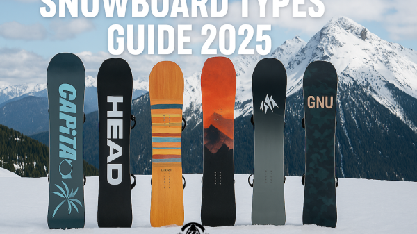 Διάφοροι τύποι σανίδων snowboard σε κάθετες θέσεις με φόντο ένα χιονισμένο βουνό
