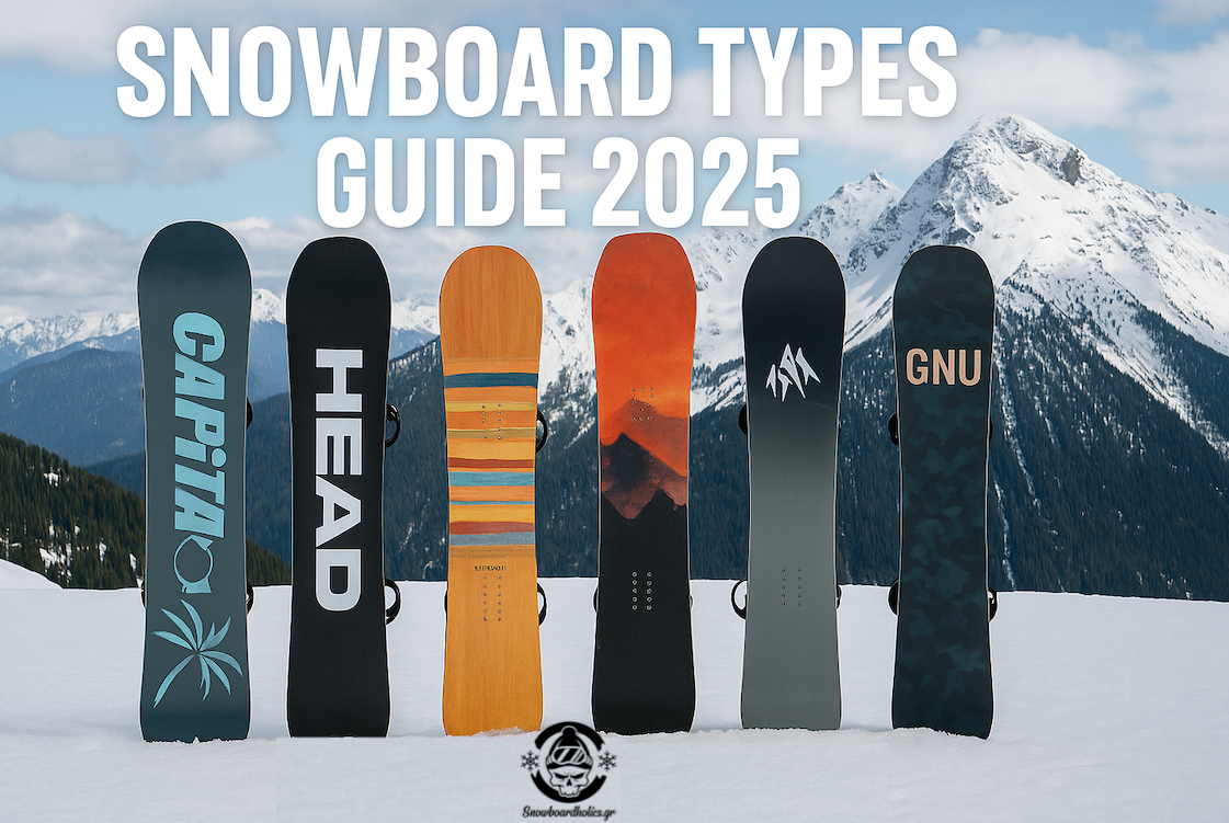 Διάφοροι τύποι σανίδων snowboard σε κάθετες θέσεις με φόντο ένα χιονισμένο βουνό